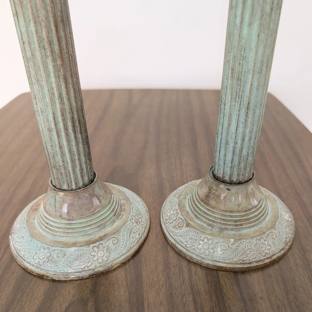 Vintage 1970s Greecian Roman Piller Style Metal Patina Tall Candle Holder Pair